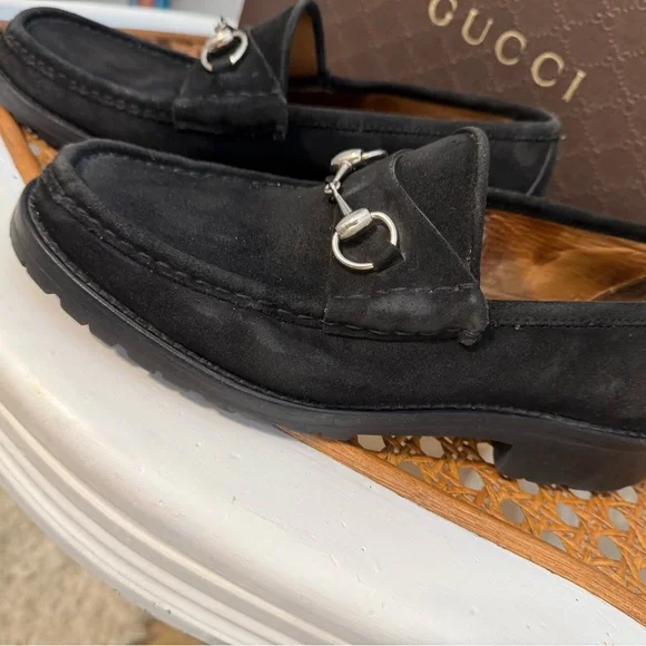 Gucci Mens Black Suede Silver Bit Lug Sole 8.5 D Loafer With Gucci Box - Picture 4 of 15